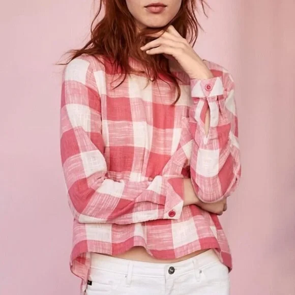 Anthro Cloth and Stone Cotton Linen Button-Back Gingham Blouse Pink White XL - Picture 1 of 6